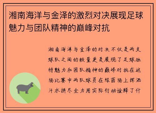 湘南海洋与金泽的激烈对决展现足球魅力与团队精神的巅峰对抗